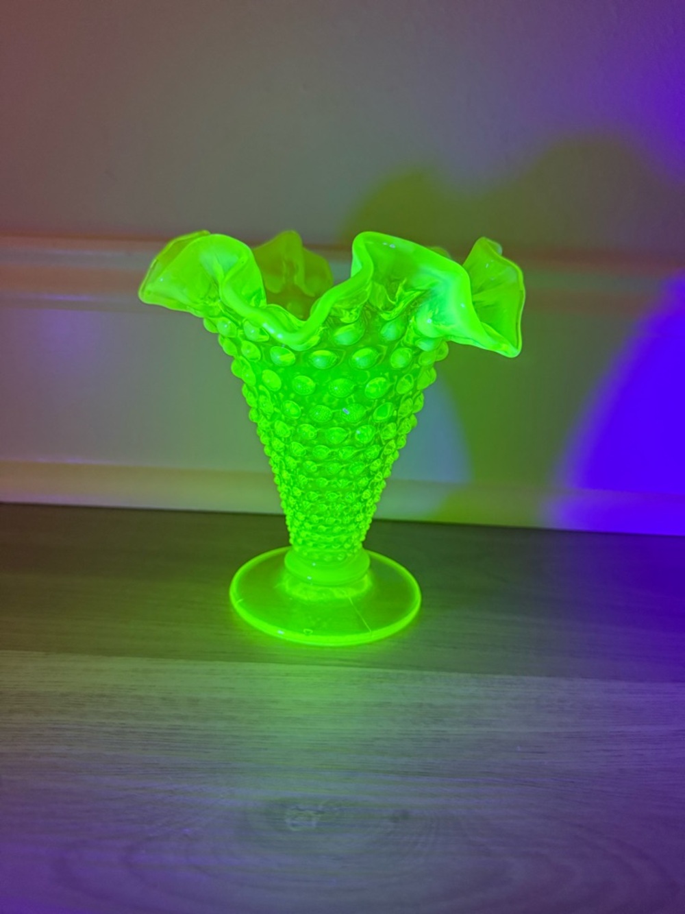 Uranium Vaseline Glass Hobnail Vase with Ruffled Rim